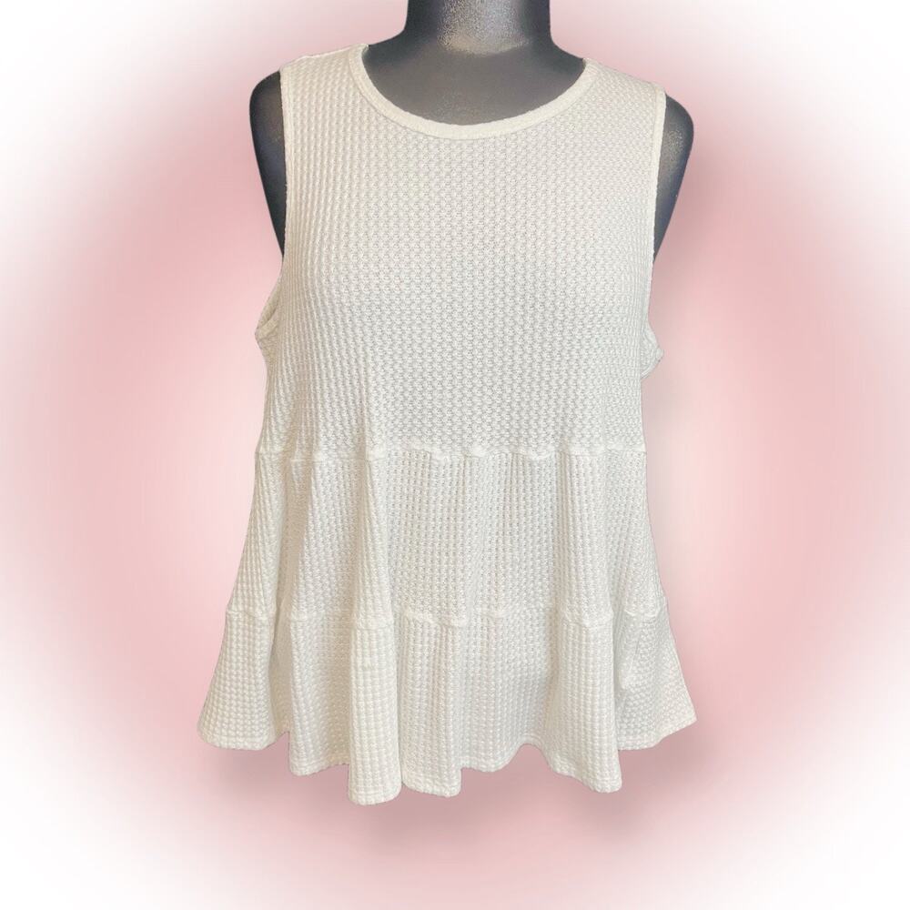 Paper Crane Ivory Waffle Knit Tiered Babydoll Tank Top Sleeveless Round Neck L